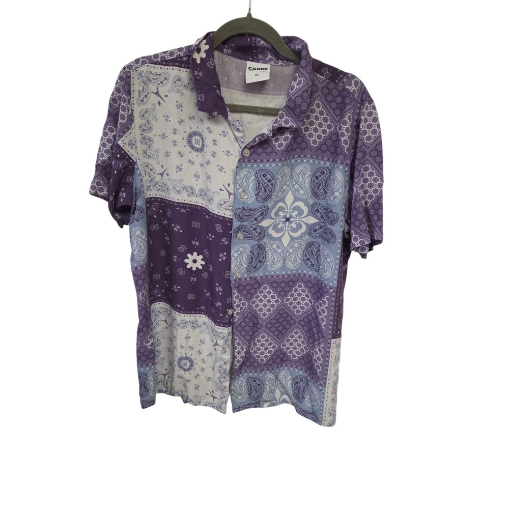Carre Paris France Purple Bandana Patchwork Button Down Shirt XL Paisley Print